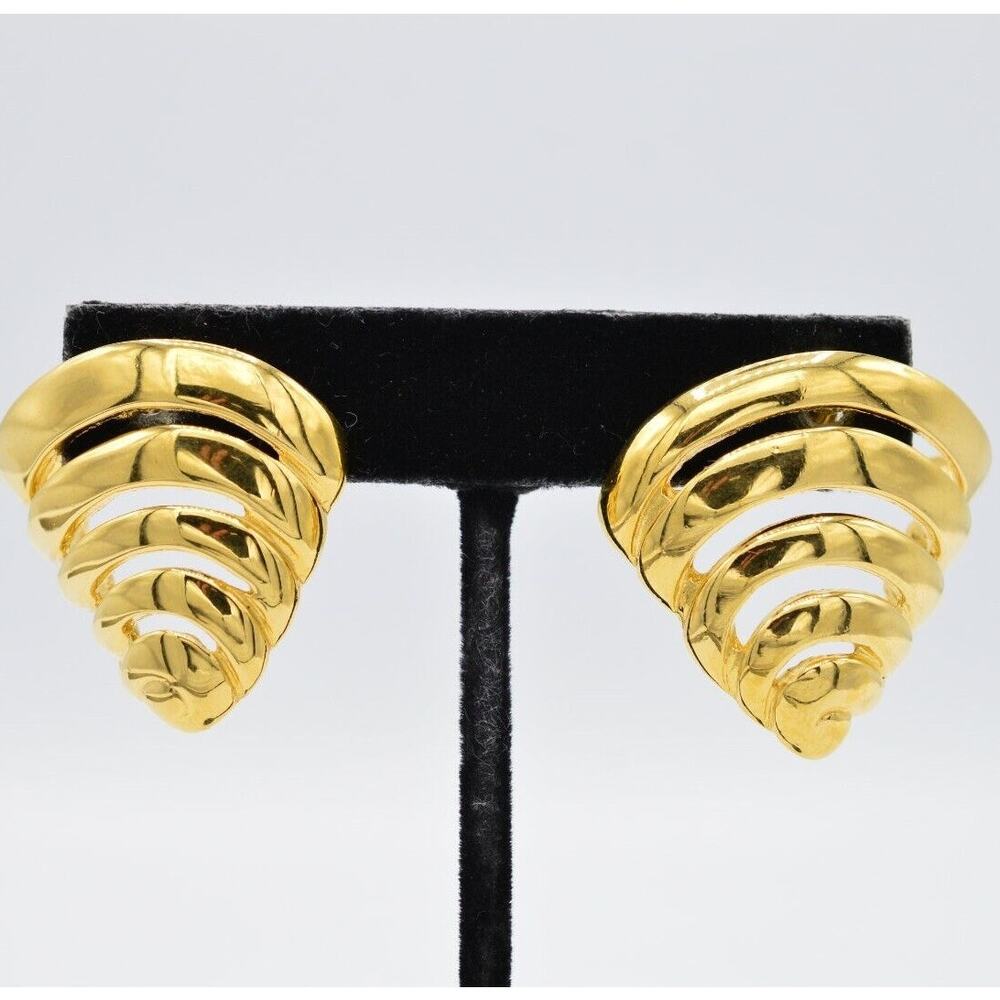 Givenchy Vintage Post Earrings Gold Swirl Tornado Shell Whirl Signed 1980s BinAB